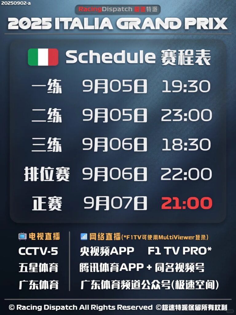 2025F1意大利站賽程表!海外在哪裏看F1意大利站賽車直播? 2 2025F1意大利站賽程表!海外在哪裏看F1意大利站賽車直播?
